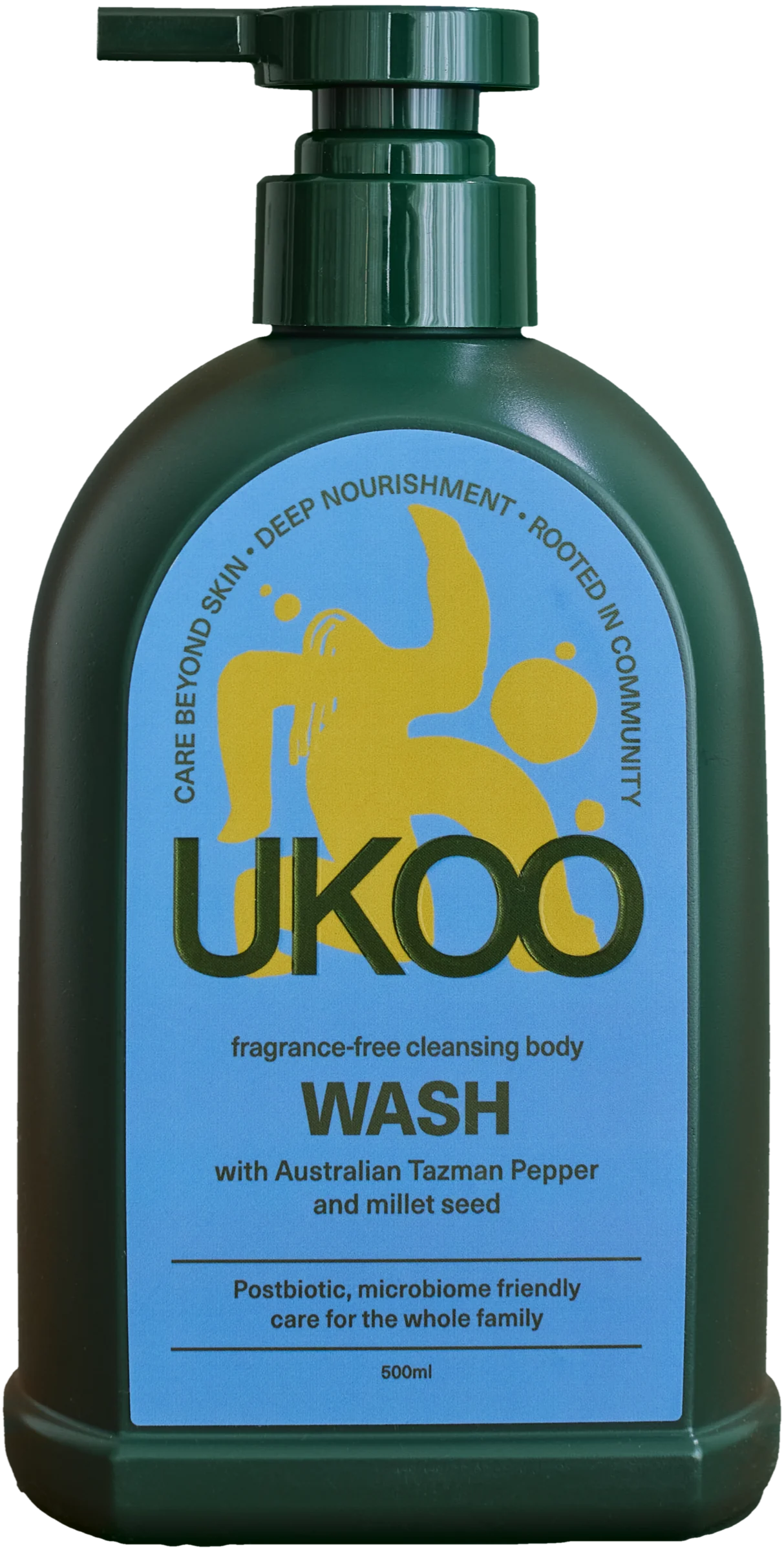 UKOO Fragrance-free Cleansing Body Wash, green pump bottle with its blue arch label