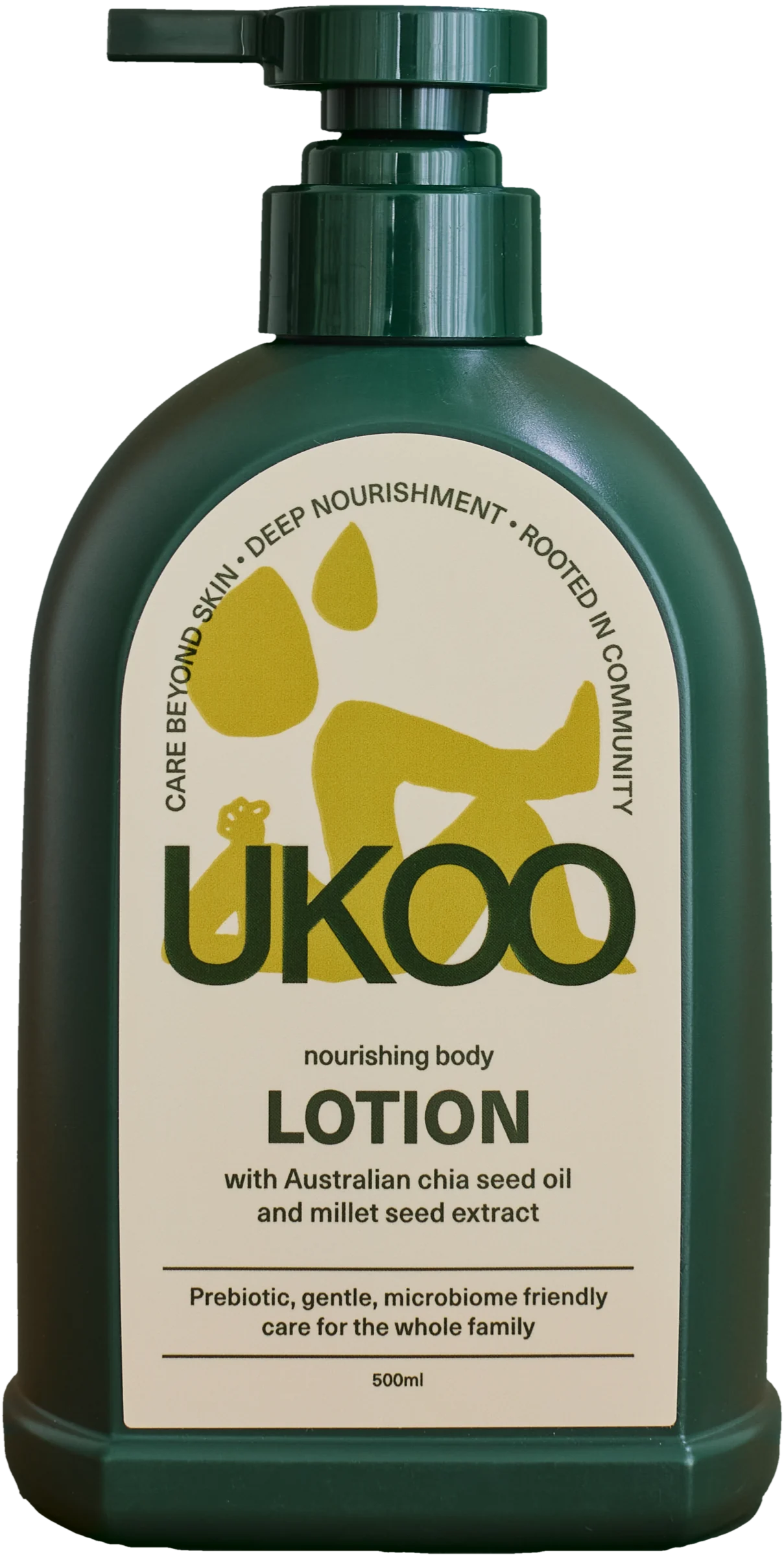 UKOO Nourishing Body Lotion, green pump bottle with its cream arch label